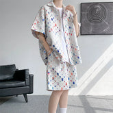 Hearujoy Men Color Hole Plaid Tracksuit Summer 2 Pieces Set Short Sleeve Shirt +Shorts Harajuku Men's Streetwear Oversized Sets Men 5XL-M